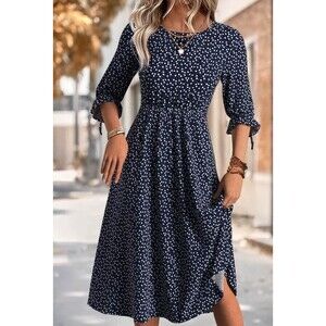 Black Heart Print Midi Dress 3/4 Sleeve Casual Loose Fit Size Large 12-14